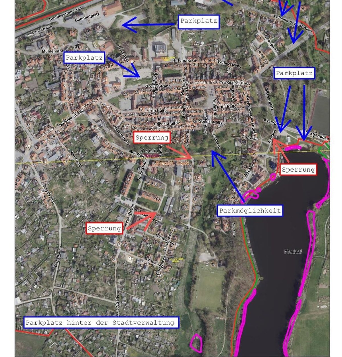 Parkplan Penzlin mit Parkplätzen und Sperrungen, Stand 2025